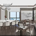 Modern Private Dining Room With Round Table Chairs Sofa And Floor to Ceiling Windows 3d model