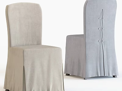 Elegant Upholstered Light Gray Dining Chairs With Long Slipcover And Button Details 3d model