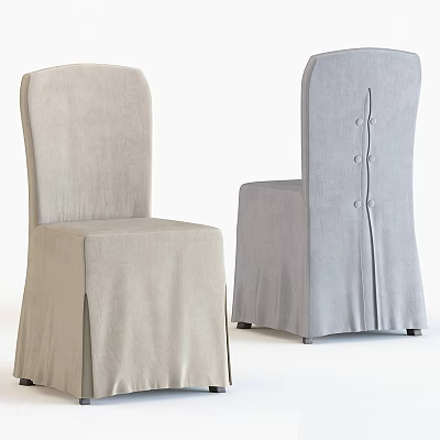 Elegant Upholstered Light Gray Dining Chairs With Long Slipcover And Button Details 3d model