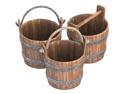 Decorative Vintage Ceramic Vessels With Metal Hoops And Rope Handles Set Of Three 3d model