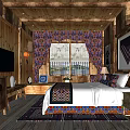 Wooden Hotel Guest Room Interior With Decorative Painting Colorful Rug And Curtains