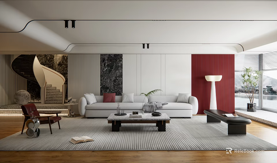 Modern Living Room Interior With White Sofa Red Cushions Coffee Table And Red Paneled Wall 3d model 