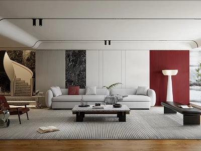 Modern Living Room Interior With White Sofa Red Cushions Coffee Table And Red Paneled Wall 3d model