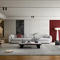 Modern Living Room Interior With White Sofa Red Cushions Coffee Table And Red Paneled Wall