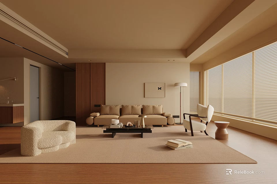 Modern Living Room Interior With Beige Sofa White Armchair Wooden Floor And Area Rug 3d model 