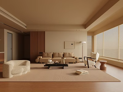 Modern Living Room Interior With Beige Sofa White Armchair Wooden Floor And Area Rug 3d model