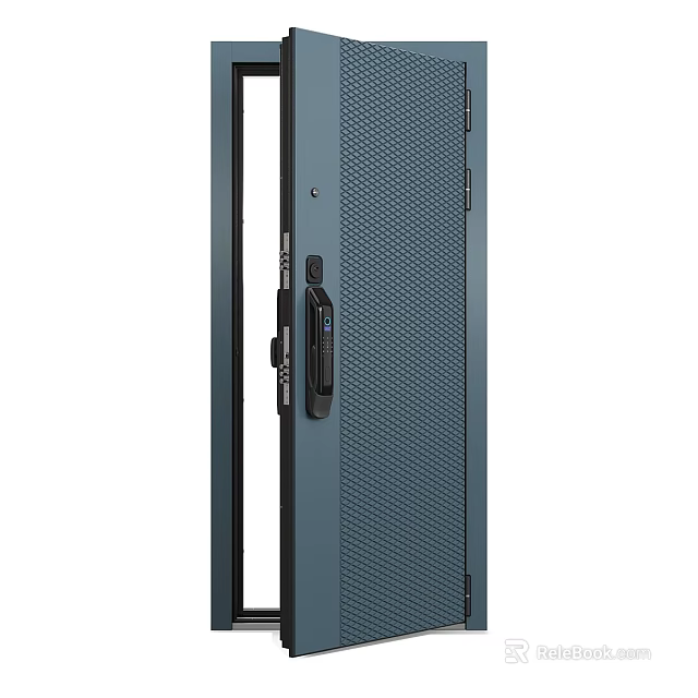Modern Dark Gray Steel Swing Door With Perforated Panel Glass Insert And Security Lock 3d model 