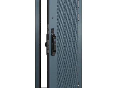 Modern Dark Gray Steel Swing Door With Perforated Panel Glass Insert And Security Lock 3d model