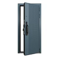 Modern Dark Gray Steel Swing Door With Perforated Panel Glass Insert And Security Lock