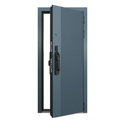 Modern Dark Gray Steel Swing Door With Perforated Panel Glass Insert And Security Lock 3d model