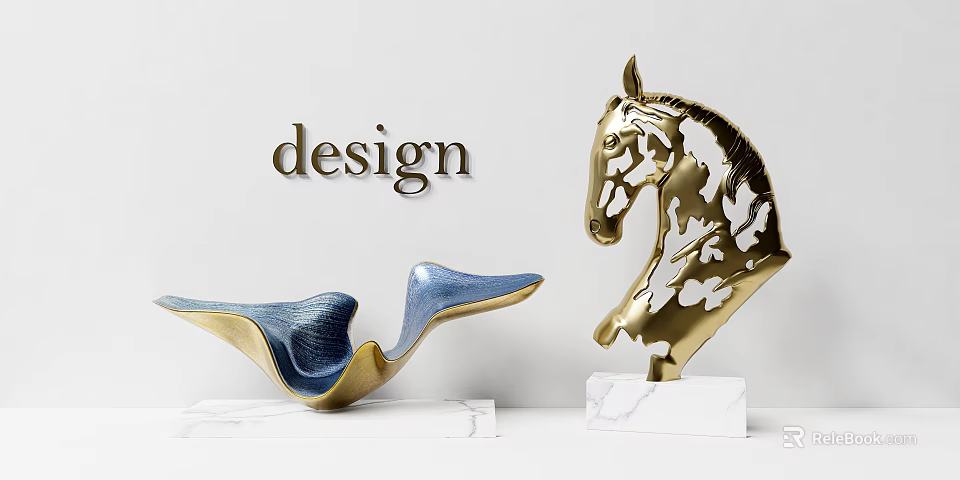Golden Horse Head Sculpture with Butterfly Patterns and Blue Abstract Sculpture on Marble Bases 3d model 