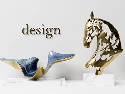 Golden Horse Head Sculpture with Butterfly Patterns and Blue Abstract Sculpture on Marble Bases 3d model