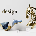 Golden Horse Head Sculpture with Butterfly Patterns and Blue Abstract Sculpture on Marble Bases
