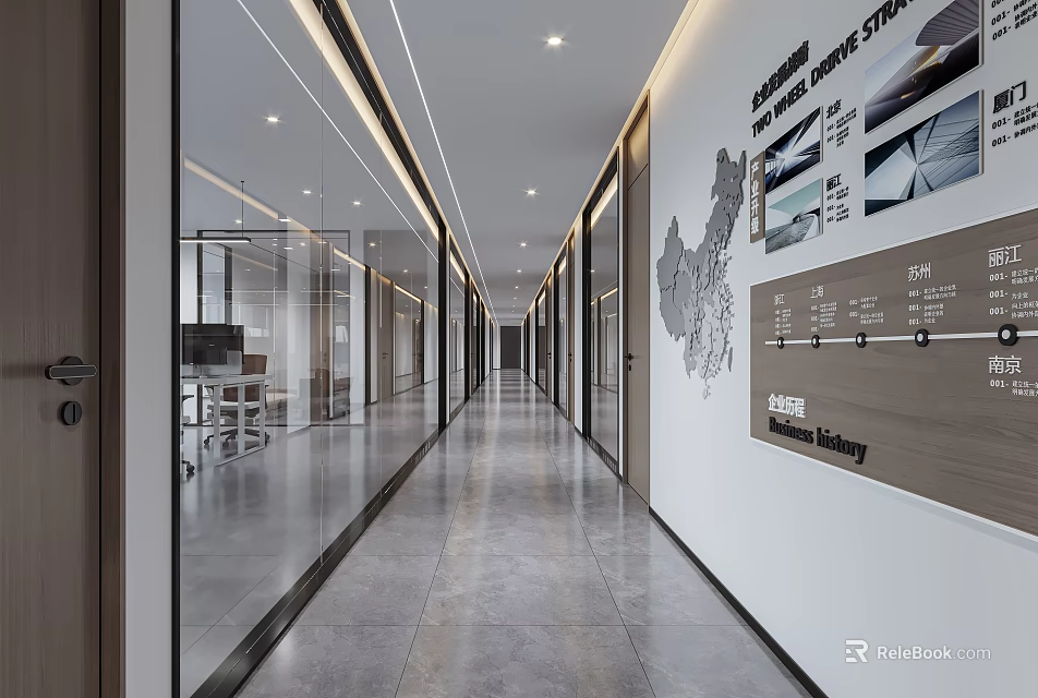 Modern Office Corridor With Glass Partitions Display Boards And Gray Flooring 3d model 