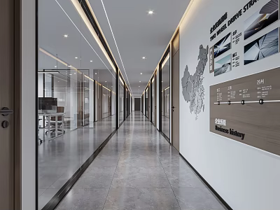 Modern Office Corridor With Glass Partitions Display Boards And Gray Flooring 3d model