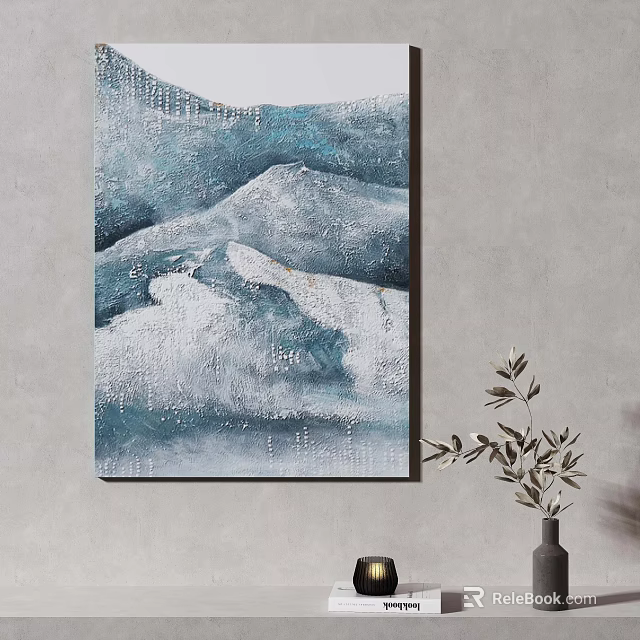 Blue Gray Abstract Landscape Art On Gray Wall With Vase 3d model