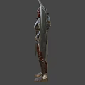 Game Movie Character With Red Skin Fierce Face And Tattered Armor Standing Pose