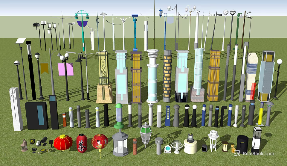 Various Outdoor Lights With Different Designs Including Lamp Posts And Decorative Styles 3d model