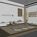 Minimalist Tea Room With Wooden Tea Table Round Cushions Built In Shelves And Green Plants