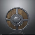 Historical Medieval Circular Shield With Wooden Surface And Decorative Metal Accents