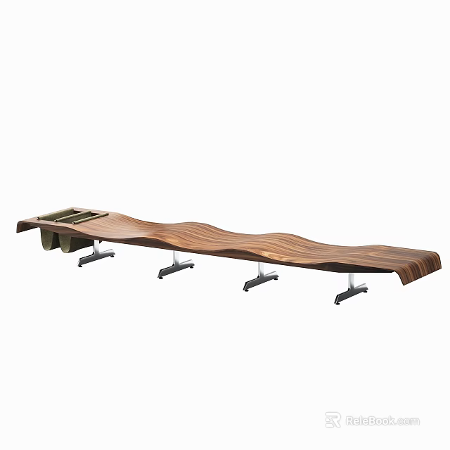 Unique Long Wooden Bench With Curved Wave Surface And Multiple Metal Supports 3d model 