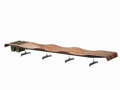 Unique Long Wooden Bench With Curved Wave Surface And Multiple Metal Supports 3d model