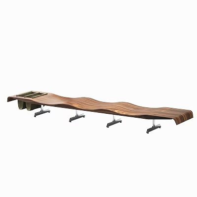 Unique Long Wooden Bench With Curved Wave Surface And Multiple Metal Supports 3d model