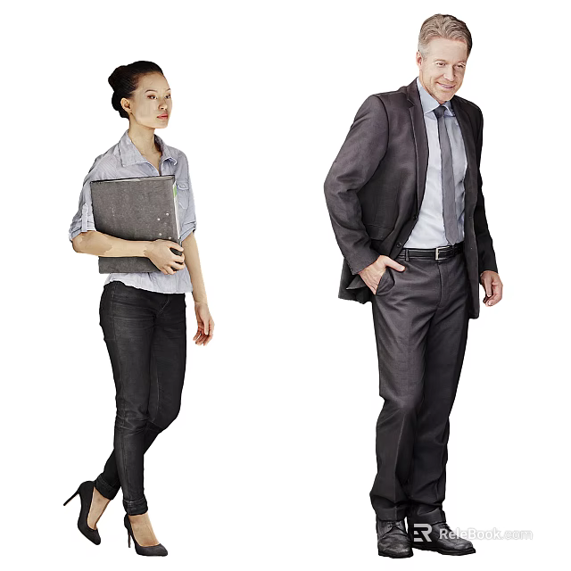 Two Business Professionals Walking Together In Formal Attire With Folder And Suit 3d model 
