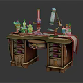 Vintage Wooden Desk With Drawers Decorative Bottles Table Lamp And Red Cloth