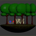 Green Leafy Trees with Red Trunks Surrounding Camping Tent and Supplies