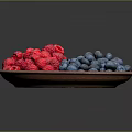 Fresh Red Raspberries and Blue Blueberries in Wooden Bowl on Dark Background