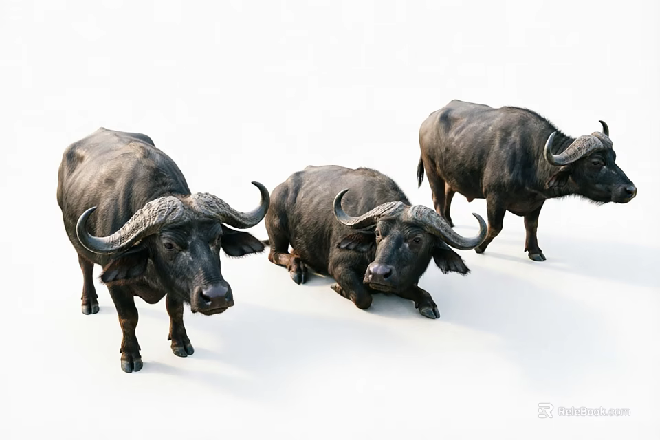 Realistic Three Piece Buffalo Figurine Ornament Decoration Set for Home Decor 3d model 