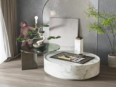 Round Coffee Table With Marble Glass Top Monkey Statue And Potted Plant Vase 3d model