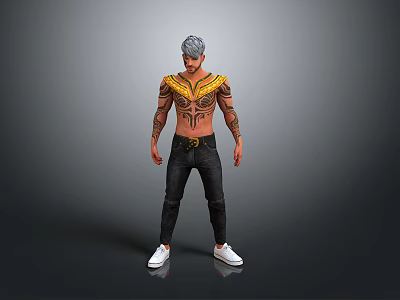 Man With Gray Hair Yellow Decorative Shoulder Piece Tattoos Black Pants And White Sneakers 3d model
