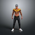 Man With Gray Hair Yellow Decorative Shoulder Piece Tattoos Black Pants And White Sneakers