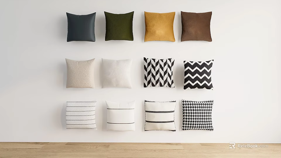 Modern Decorative Pillows With Solid Hues And Patterned Styles On Wall 3d model 