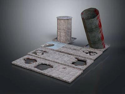 Concrete Base With Circular Holes Upright And Tilted Cylinders Featuring Red Marks 3d model