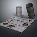 Concrete Base With Circular Holes Upright And Tilted Cylinders Featuring Red Marks
