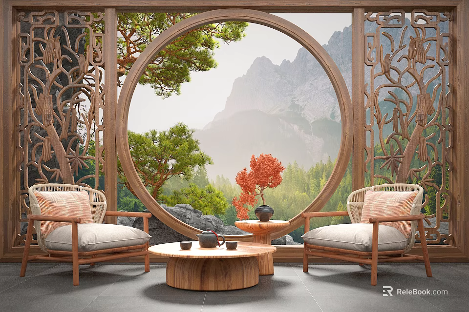 Carved Wooden Lounge Chairs With Mountain Landscape Circular Window Small Coffee Table And Red Plant 3d model 