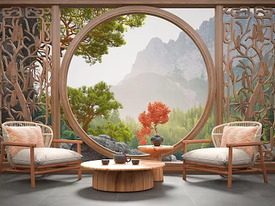 Carved Wooden Lounge Chairs With Mountain Landscape Circular Window Small Coffee Table And Red Plant 3d model