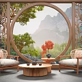 Carved Wooden Lounge Chairs With Mountain Landscape Circular Window Small Coffee Table And Red Plant
