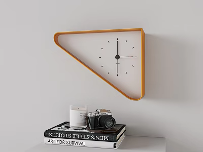 Triangle Orange Frame Wall Clock With White Dial Black Hands Over Stack Of Books Camera 3d model