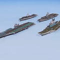 Four Military Aircraft Carriers With Various Designs On Blue Surface 3d model