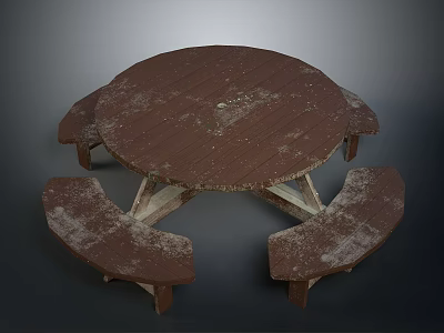 Round Wooden Outdoor Picnic Table With Attached Benches And Weathered Surface 3d model