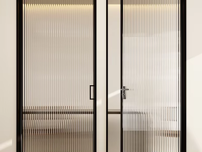 Stylish Modern Interior Casement Door with Black Frame and Fluted Glass Design 3d model