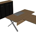 Modern Office Desk With Wooden Top Metal Legs And Glass Door Cabinet