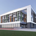 Modern School Building With White Facade Large Glass Windows Colorful Accents Front Lawn Exterior Design