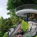 Spiral Pathway With Staircase And Landscaped Gardens Featuring Colorful Flowers And Greenery
