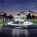 KL90 White Car Showcased On Circular Platform With Mountain Shaped Structures And Greenery