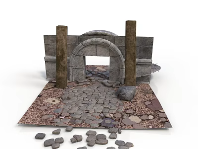 Ancient Stone Archway With Pillars And Cobblestone Path Surrounding Scattered Stones 3d model